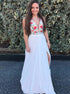 A Line White Embroidery V Neck Lace Up Chiffon Prom Dresses LBQ0230